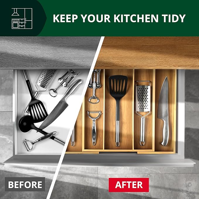 Luxury Bamboo Kitchen Drawer Organizer - Silverware Organizer - Utensil Holder and Cutlery Tray with Grooved Drawer Dividers for Flatware and Kitchen Utensils (5 Slot, Natural)