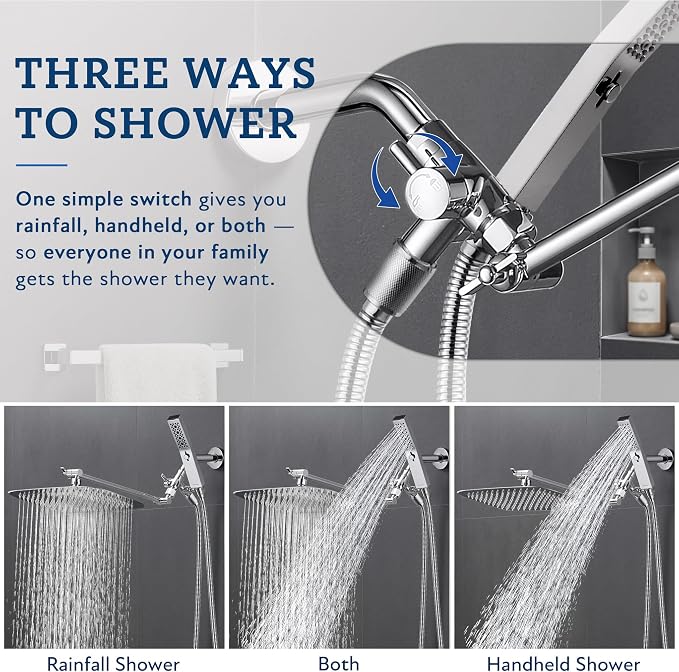 G-Promise All Metal 12 Inch Dual Square Shower Head with Handheld Spray Combo, Rain Shower Head, Adjustable Extension Arm, 3-Way Diverter, 71 Inch Extra Long Hose - A Bathroom Upgrade (Chrome)