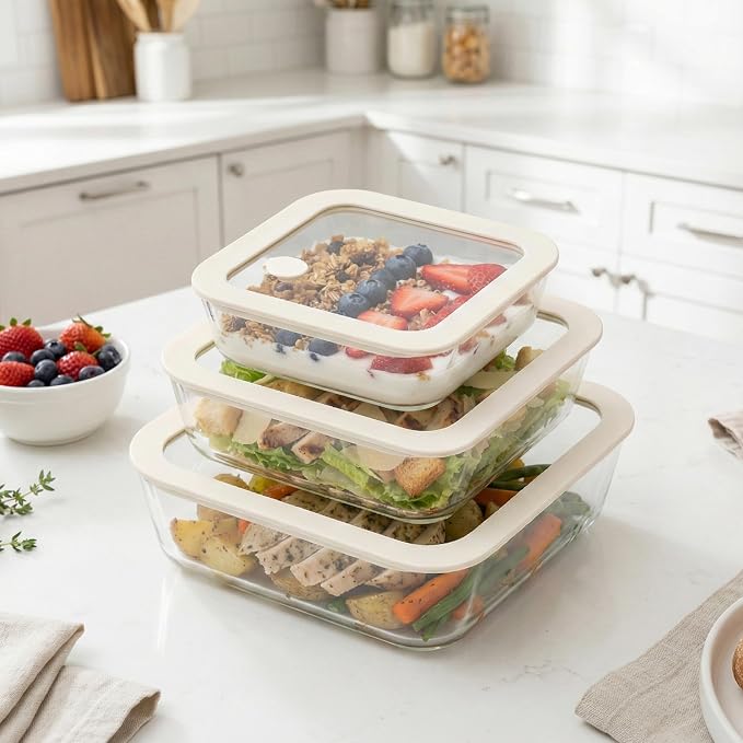 Glass Food Container Set with Glass Lid, 3 Pack, Meal Prep Containers with Silicone Framed Airtight Lid, Leakproof, 100% Plastic Free,