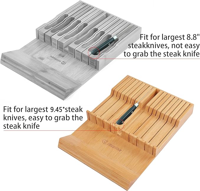 Utoplike In-drawer Knife Block Bamboo Kitchen Knife Drawer Organizer Large, handle Steak knife Holder without Knives, Fit for 16 Knife and 1 Sharpening Steel (Knives & Sharpening Not Included)