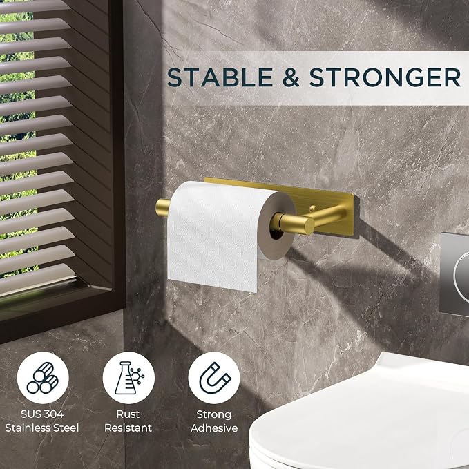 FORIOUS Toilet Paper Holder, Adhesive or Screw Wall Mount Pivoting Tissue Roll Holder, Stainless Steel Self Adhesive Toilet Paper Roll Holder no Drilling (Brushed Gold, Square)