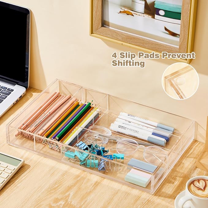 Briwooody 1 Pcs Acrylic Desk Drawer Organizer 9'' up to 18'' x 15'' x 2.1'' Expandable Drawer Organizer Trays with 7 Adjustable Compartments Clear Desk Accessories for Makeup Office Bathroom