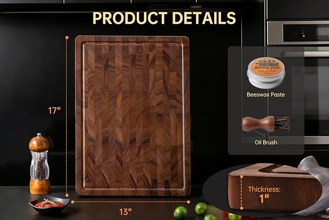 Walnut Cutting Boards for Kitchen, End Grain Wood Cutting Board | 17"×13"×1", Premium Walnut Wood, FSC Certified, Deep Juice Groove, Built-In Handles, Non-Slip Feet, Chopping Board, Gift Box