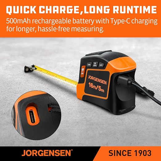 JORGENSEN Digital Tape Measure, 16Ft Rechargeable Digital Measuring Tape Ft/Ft+in/in/M/CM/MM Unit, Metric & Inches Tape Measurement Tool for Pythagorean, Area, Volume