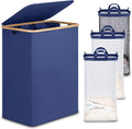 efluky Laundry Hamper with Lid, Trio Laundry Basket with 2 Removable Bags, 3 Section Laundry Bin with Bamboo Handles for Bathroom, Bedroom & Laundry Room, 160L (42.3 Gallon) Blue