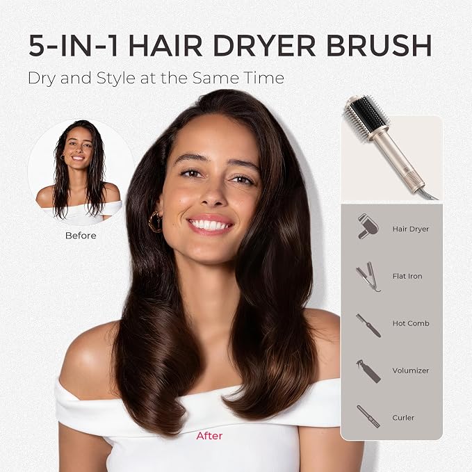TYMO 4.0 Hair Blow Dryer Brush - Lightweight 3X Faster Drying 5-in-1 Ionic Blowout Hair Dryer Brush Adds Shine, Volume & Fullness for Smooth, Anti-Frizz Straight, Curl & Blowout Styles, Gold
