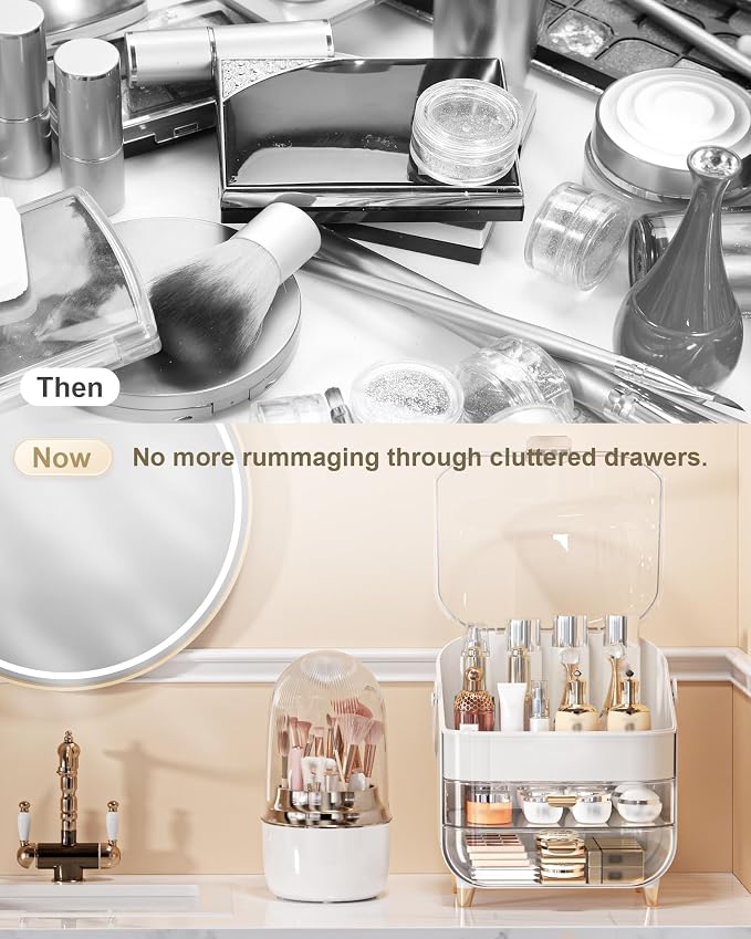 Makeup Organizer Countertop, Skincare Holder Bathroom Counter Organizer, Storage Box Cosmetic Display Cases, Teen Girl Gifts Make up Organizers (White/Brush)