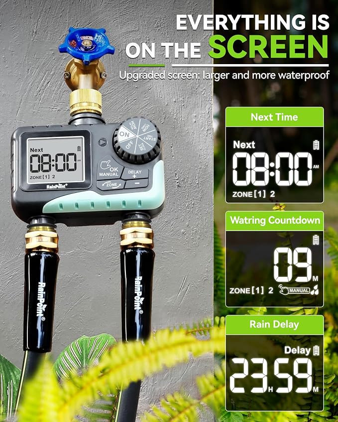 RAINPOINT 2 Zone Sprinkler Timer with Brass Inlet and Outlet - Water Timer for Garden Hose with Rain Delay/Manual Watering/Automatic Irrigation Controller System for Yard Lawn Garden(Blue)