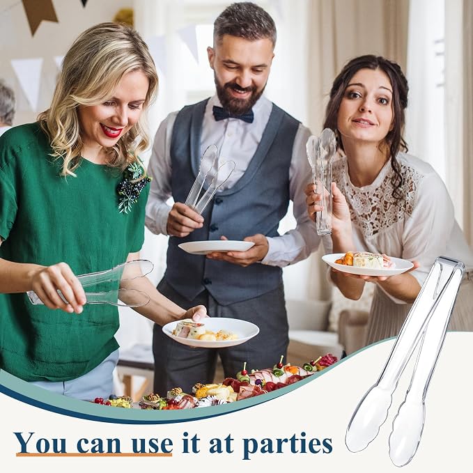 Tessco for you 100 Pcs Plastic Tongs for Serving Bulk, 9 Inch Plastic Disposable Serving Tongs, Heavy Duty Salad Tong for Kitchen, Buffet, BBQ, Events & Catering (Transparent)