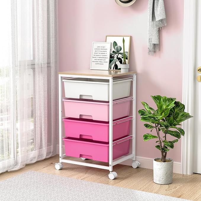 SYKIARIOL Utility-Rolling-Craft-Storage-Cart-Organizer with 4 Drawers and Wooden Tabletop, 4 Tier Drawer Cart for Home Office, Kid Room, Classroom Teacher, Dorm, Pink