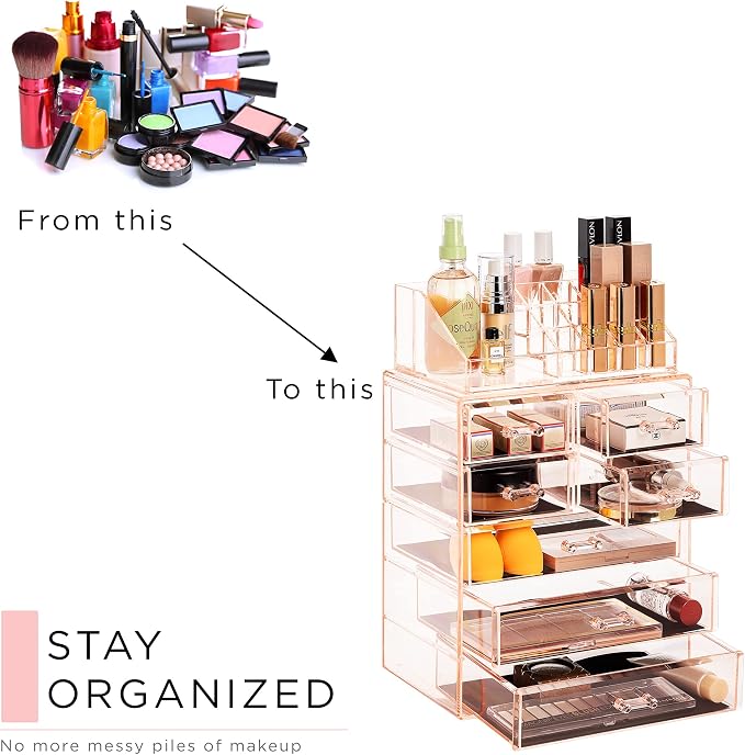 Sorbus Acrylic Makeup Organizer Set, 7-Drawer Vanity & Countertop Cosmetic Storage with Small & Wide Compartments, Pink Makeup Storage for Brushes, Jewelry – Holiday Gift for Women & Teens