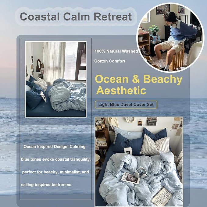 mixinni 100% Washed Cotton Duvet Cover Set King Size, Solid Light Blue Ocean Themed Chic Bedding, Soft Breathable Minimalist Comforter Cover with Zipper Closure & Corner Ties-King Size