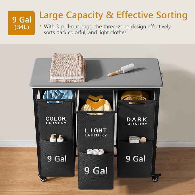 Gewudraw 3 Section Laundry Sorter with Ironing Board, Black | Laundry Sorter with Removable Bags, Heavy-Duty Rolling Laundry Cart, Lockable Wheels, For Bathroom, Bedroom