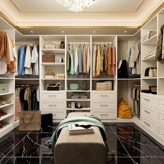 Vomavex Closet System with 4 sets, 101.9" Closet Organizer Systems with 6 Drawers & 8 Hanging Rods & Adjustable Shelves, Walk in Closet Standing Closet System, Corner Closet System Set, White