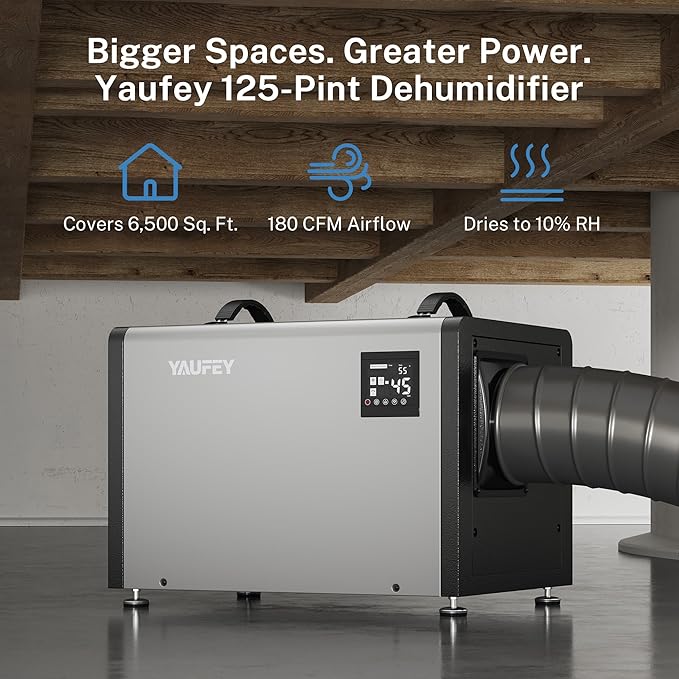 Yaufey 125 Pints Commercial Dehumidifier with Pump for Crawl Space, Basement, Industrial Area, 10-90% RH Humidity Control, 6500 Sq.Ft. 24/7 Running Continuous Drainage, Auto Defrost, 5-Yr Coverage