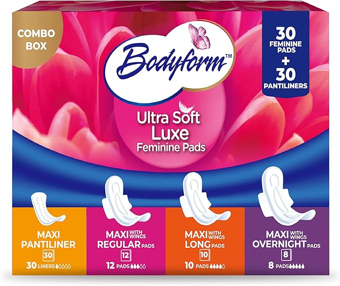 Bodyform Luxe Feminine Pads and Pantyliners Combo – 60 Count (30 Pads + 30 Liners), Ultra-Soft, Super Absorbent, Leak Protection, Daily Comfort & Freshness
