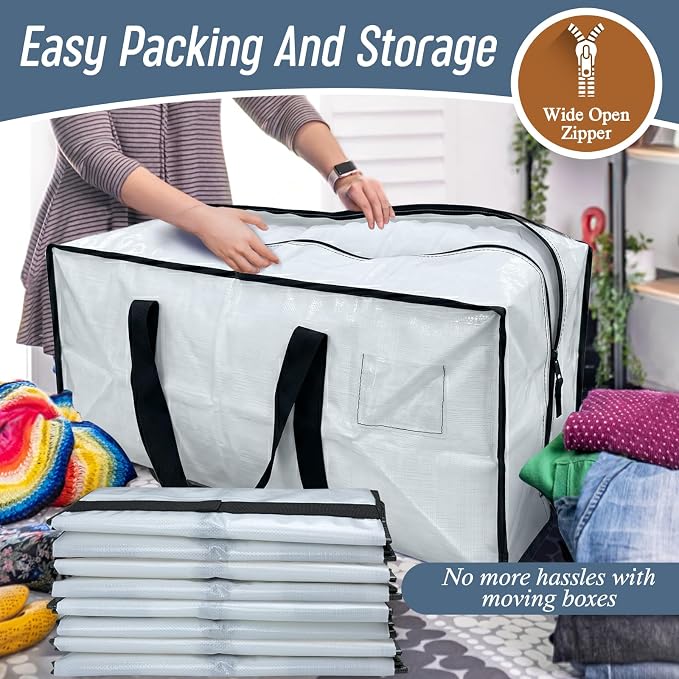 6 Pack Extra Heavy Duty Large Moving Bags with Strong Zipper, White | Comfortable Handles, Sturdy & Durable Clothes Storage Bags Totes Bins, Blue Packing Moving Boxes for College Supplies