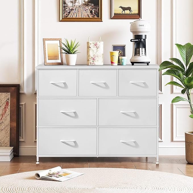 7-Drawer Dresser for Bedroom, Anti-Tip Wide Storage Organizer Fabric Chest of Drawers TV Stand for 45" TV with Wooden Top and Metal Frame for Closet, Living Room, Hallway, Entryway, White