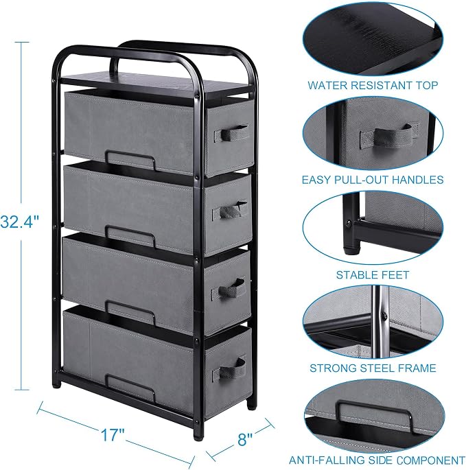 MAX Houser 4 Drawer Narrow Dresser Fabric Storage Tower Vertical Slim Storage Chest Organizer Nightstand Side/End Table Small Standing Organizer Removable Drawers Wood Top for Bedroom, Bathroom（Grey
