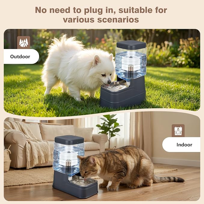 1.6 Gallon Pet Automatic Dog Water Dispenser Cat Gravity Waterer Feeder with Stainless Steel Bowl 8L Large Capacity Puppy Feeding Raised Bowls with Filter,Ice Pack (Charcoal Gray, 6L(1.6 Gallon))