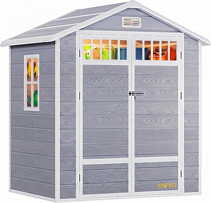 DWVO 6x4.4 FT Outdoor Storage Shed with Fence-Style and Side Windows, Lockable Door and Vents, Resin Storage Shed, Tool Shed for Garden Backyard Patio Lawn