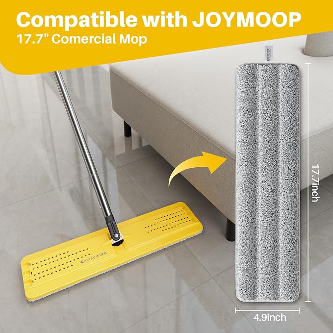 JOYMOOP 17.7-Inch Microfiber Mop Replacement Pads, Washable Reusable Grey & Stripe Refills, Pack of 2, Wet & Dry Cleaning Pads Compatible with Flat Mop Bucket System