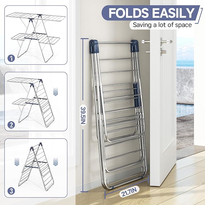 APEXCHASER Clothes Drying Rack with 4 Wings, Stainless Steel Drying Rack Clothing with Height-Adjustable, Foldable Gullwings Laundry Drying Rack, Indoor Outdoor Use, No Assembly, Regular Blue