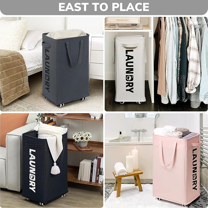 Goodpick Black Laundry Hamper with Wheels, 75L Dirty Clothes Hamper with Removable Wash Bag for Laundry Room, Rolling Laundry Basket