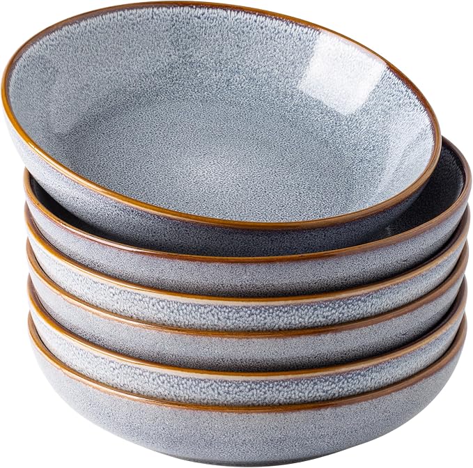 AmorArc 8.5'' Large Pasta Bowls, 36oz Ceramic Salad Serving Bowls Set of 6 for Kitchen, Wide Stoneware Bowls for Pasta, Salad, Fruit, Bread, Microwave Safe, Reactive Glaze-Blue