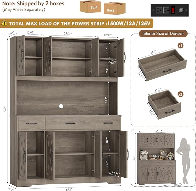 HOSTACK 71" Tall Kitchen Pantry Storage Cabinet, 55" W Kitchen Hutch, Grey | Large Pantry Cabinet with Charging Station / Countertop / 3 Drawers, Farmhouse Hutch Cabinet with Storage for Dining Room
