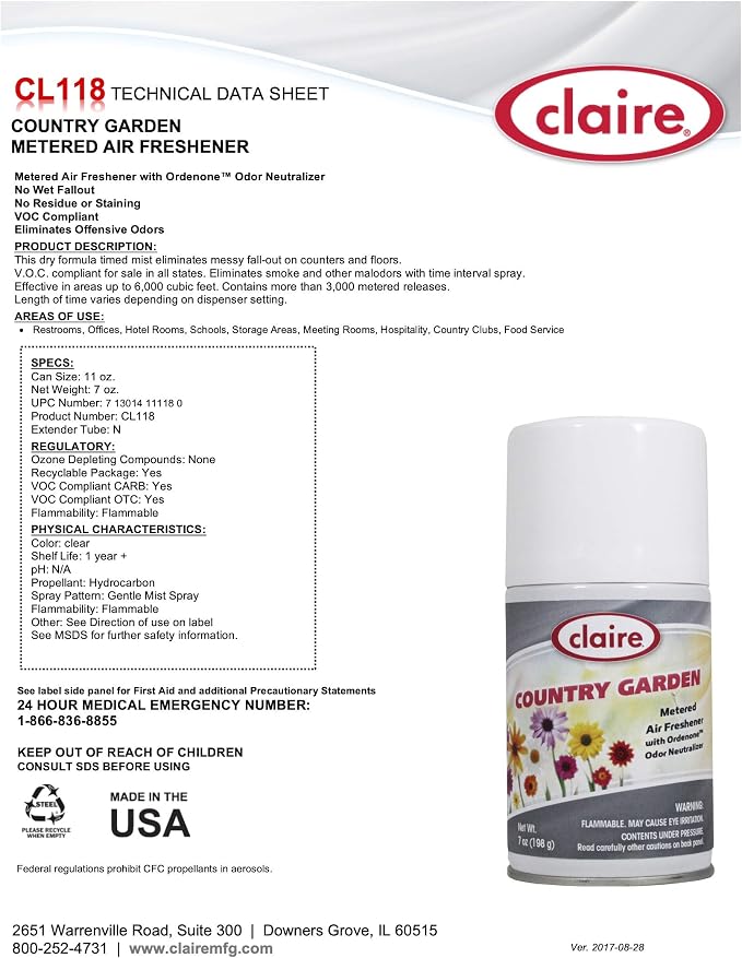 Claire CL118-12pk Country Garden Metered Air Freshener; 7 Oz. Net Wt., 12 Count