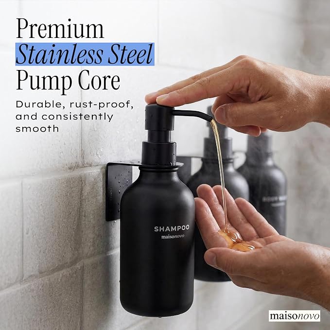 Shampoo and Conditioner Dispenser Wall Mounted Set of 3 Black - No Drill Shower Soap Dispenser for Bathroom Refillable - Spa Hotel Style Accessories by MaisoNovo | 500 ml Shower Gel Dispenser Set of 3. Refillable Shampoo and Conditioner Bottles. Drill ...