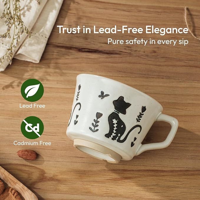 11 oz Ceramic Coffee Mug, Stoneware Teacup with Handle | Small Novelty Unique Cup for Tea Mocha Latte Cappuccino, Microwave Dishwasher Safe (Cat)