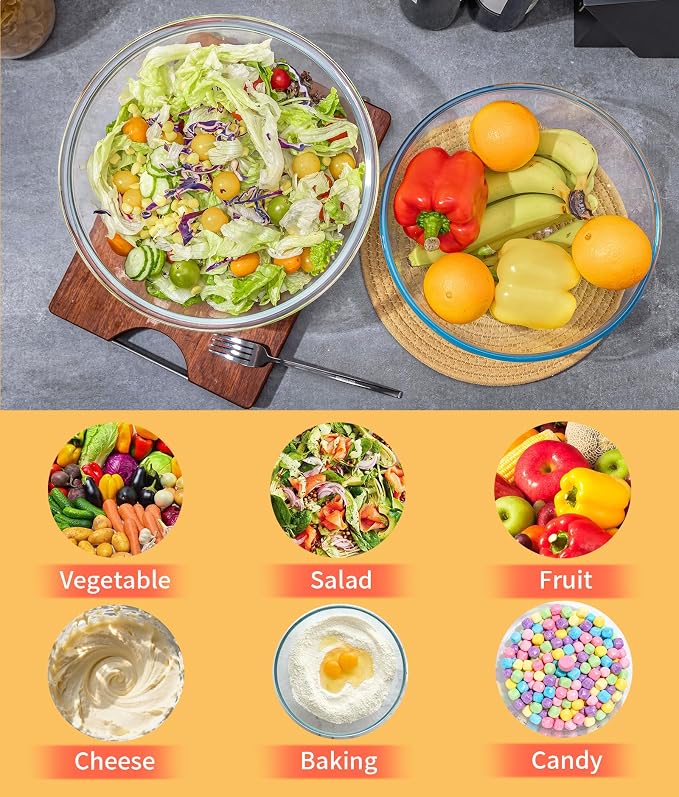6.5Qt Extra Large Glass Mixing Bowls, Clear Large Salad Bowls,Thickened Glass Big Mixing Bowls Salad Bowls Cooking Bowl for Kitchen Prepping Storing Baking Serving, Fruit, Snacks, Borosilicate Glass