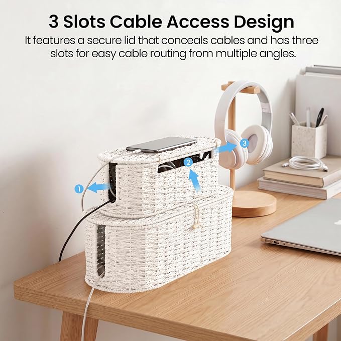 Set of 2 Cable Management Box, Handwoven Paper Rope Cord Hider Organizer Boxes with 3 Side Open Slots, Cable Organizer Box to Hide Cords Power Strip, USB Hub, TV Wires for Home, Office,Cream