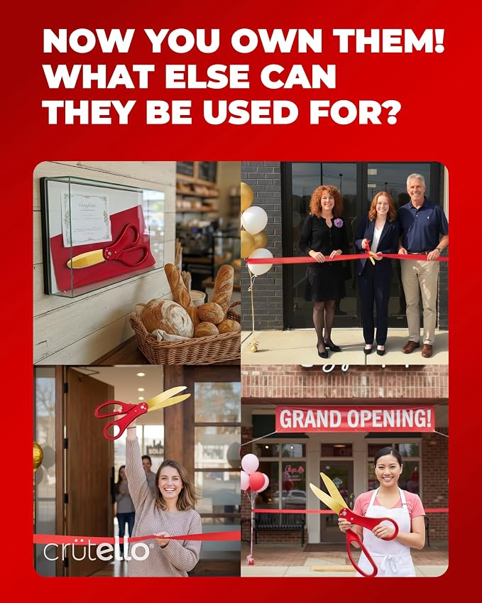 Crutello Grand Opening Ribbon Cutting Kit - Giant Gold Scissors with Red Handle & 30ft Red Ribbon 4"Wide