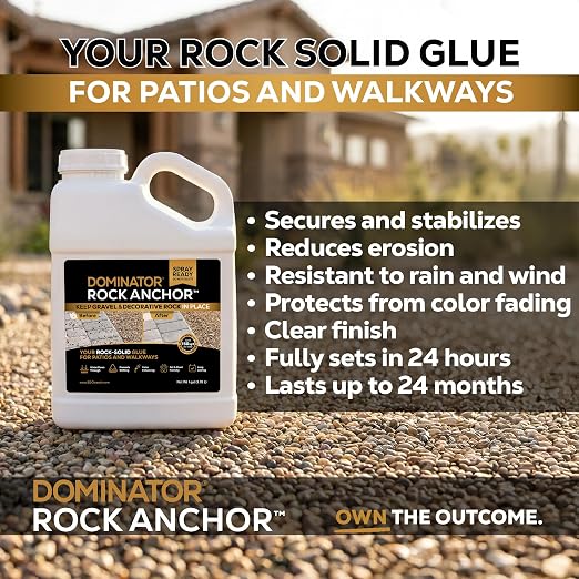 Dominator Rock Anchor 1 Gallon - Rock Glue for Landscaping Gravel & Stone, Ready to Spray, Locks in River Rock, Pea Gravel & Decorative Rock, Prevents Scattering & Washouts, Water-Based