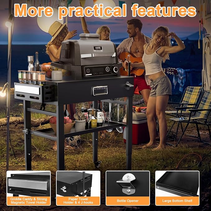 Quick-Fold Grill Cart for Ninja Woodfire & Blackstone | 28/34 in height,4 locking wheels,fits to griddles,pizza ovens and tabletop grills