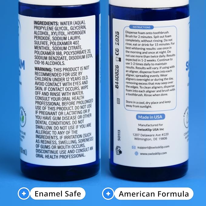 Swissker by Swissklip ShineFoam | Teeth Whitening Foam | Mint Flavor Whitening Toothpaste | Teeth Whitener I Professional Teeth Whitening Kit | 100% Vegan - Made in USA - 1.69 oz - Pack 2 | 2-Pack, Whitening Gel Kit, Teeth Whitener, Hydrogen Peroxide F...