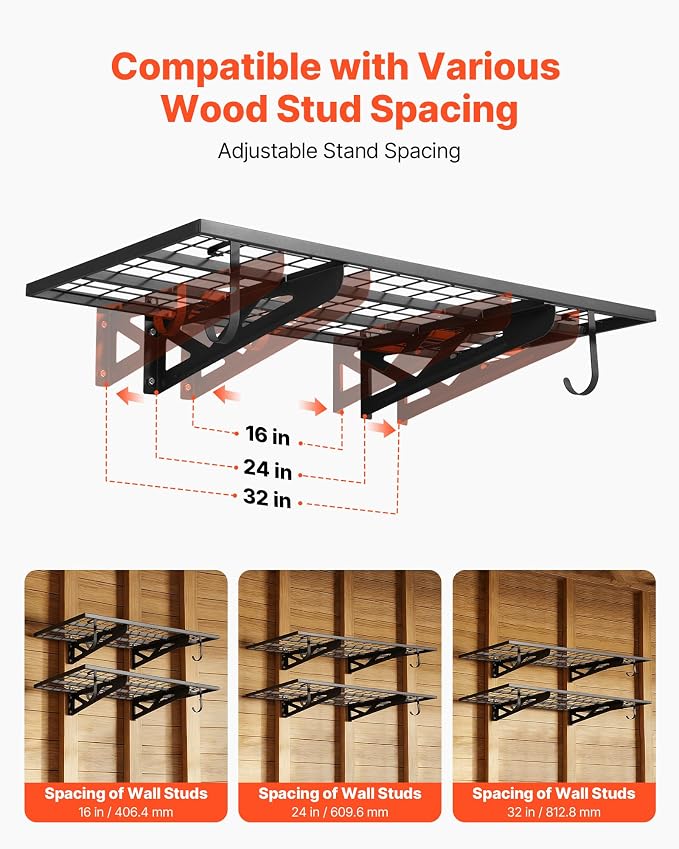 VEVOR 2-Pack Heavy Duty Garage Wall Shelving, 2 x 4 ft Steel Wall Mounted Shelving Unit with Hooks, 24 x 48 Inch Per Shelf Floating Storage Metal Rack for Garage, 500 lbs Total Weight Capacity