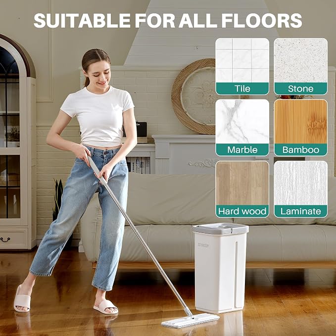 JOYMOOP Flat Mop and Bucket System, Microfiber Mop for Floor Cleaning, White, Suitable for Hardwood, Tile, Laminate and Vinyl Floors, 50" Mop with 1 Microfiber Pad