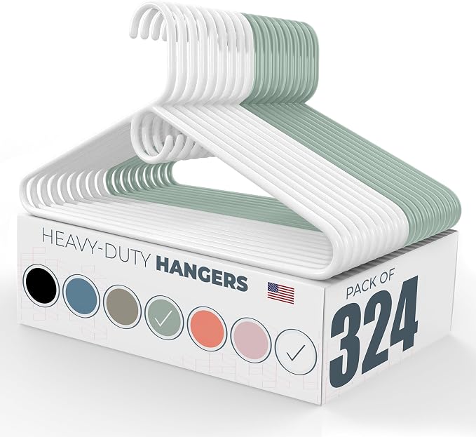 Heavy Duty Clothes Hangers 100+ Pack (324 Count) – Made in the USA – 8lb Capacity Plastic Hangers for Adult Clothing – Durable for Pants, Coats, Jackets, or Jeans – White & Mint