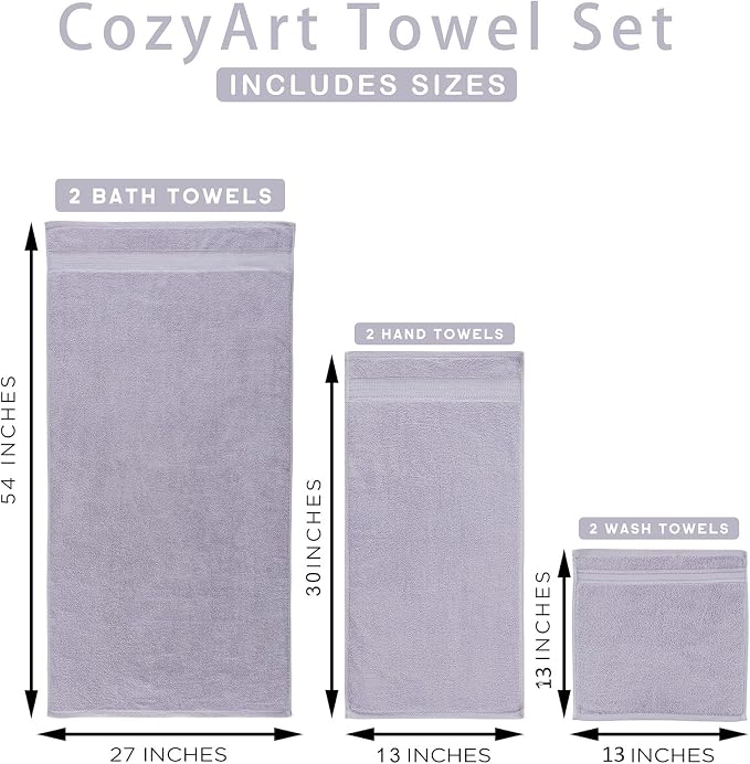 COZYART Luxury Bath Towel Set 6 Pcs, Lavender 100% Turkish Cotton 650 GSM | OEKO-Tex 100 Certified Zero Twist Ring Spun, Soft Absorbent Quick Dry, Plush Fluffy, Breathable Hotel Quality for Daily Use