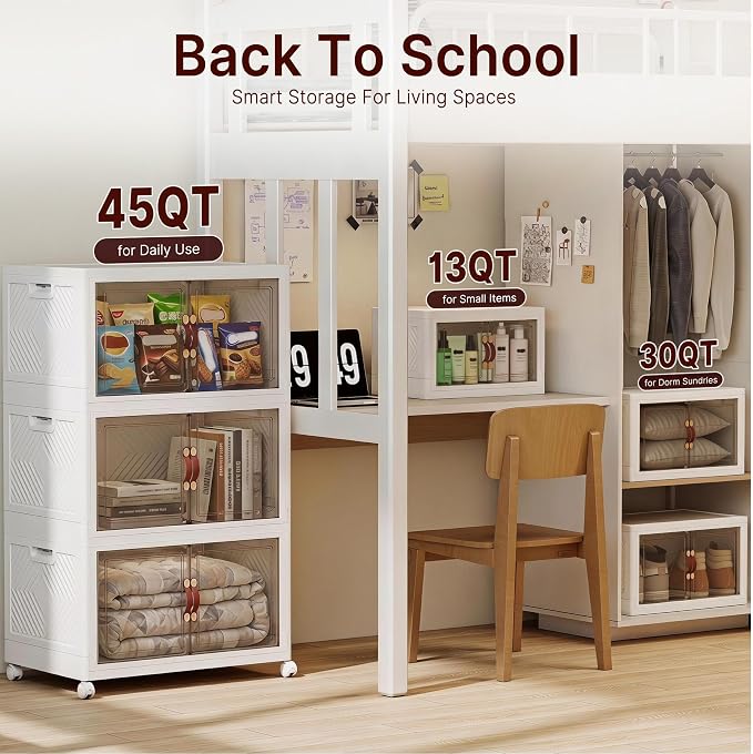 720QT Stackable Storage Bins with Lids, Storage Cabinet with Wheels | Lockable Storage Bins with Clear Doors Heavy Duty Closet Organizer Extra Large Collapsible Plastic Storage Box for Dorm Home