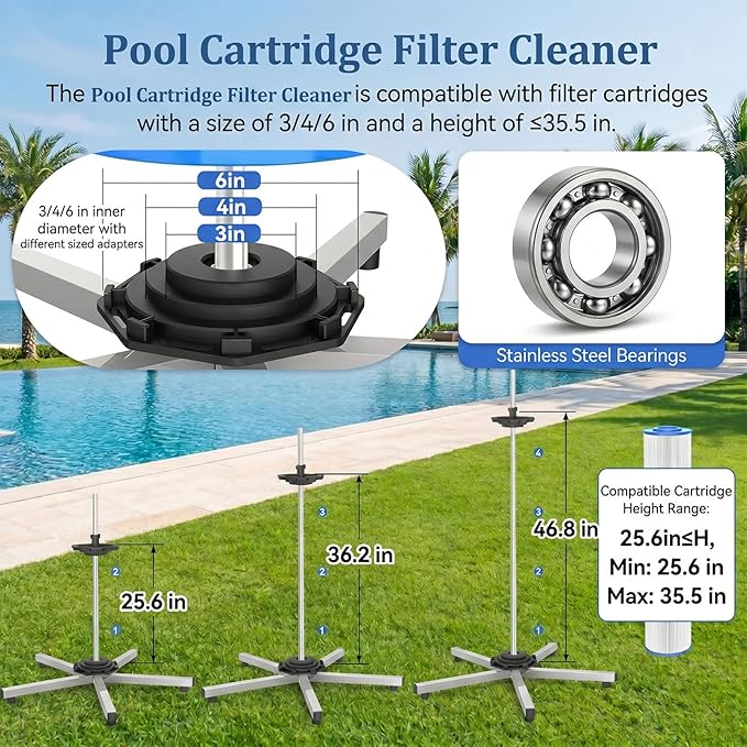 Deerchirp Filter Cleaner, Cut Cleaning Time By 6X for Deeper Cleaning, Rotary Pool Cartridge Filter Cleaner, Bend-Free Use, Stainless Steel Pool Filter Cleaning Stand Tool, Fits 3”, 4”, 6” ID Filters