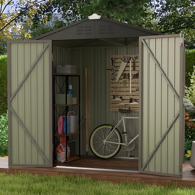 Patiowell 6x4 FT Outdoor Storage Shed, Garden Tool Storage Shed | with Sloping Roof and Double Lockable Door, Outdoor Shed for Garden Backyard Patio Lawn, Brown