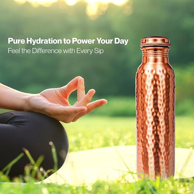 Alpha Living Home Copper Water Bottle 32 Oz Extra Large, Real Copper Water Bottle, Pure Drinking Bottle, Hammered Ayurvedic Bottle for Drinking Water, Leak Proof Vessel Cap with Cleaning Brush