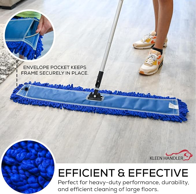 KLEEN HANDLER 36 Inch Microfiber Dust Mop, Large Washable Commercial Mop Head Replacement, Sweeper, Janitorial Supplies, Blue