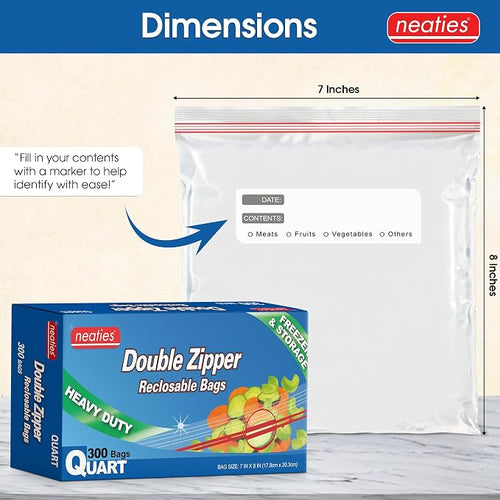 1 Quart Resealable Bags – Medium Sized Heavy Duty Freezer Bags with Dual Zipper – 7x8" with Writable Space for Kitchen or Home Storage – BPA-Free Food Grade Plastic – 300 Pack