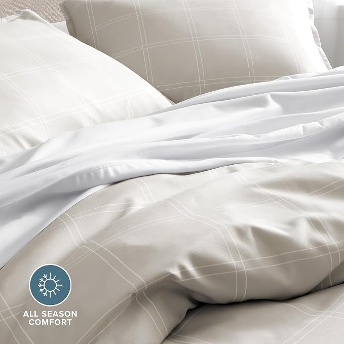 Bare Home Bedding Duvet Cover Extra Long Size - Premium 1800 Super Soft - Lightweight, Duvet Cover - Soft Textured Bedding (Twin/Twin XL, Modern Plaid - Stone/White)